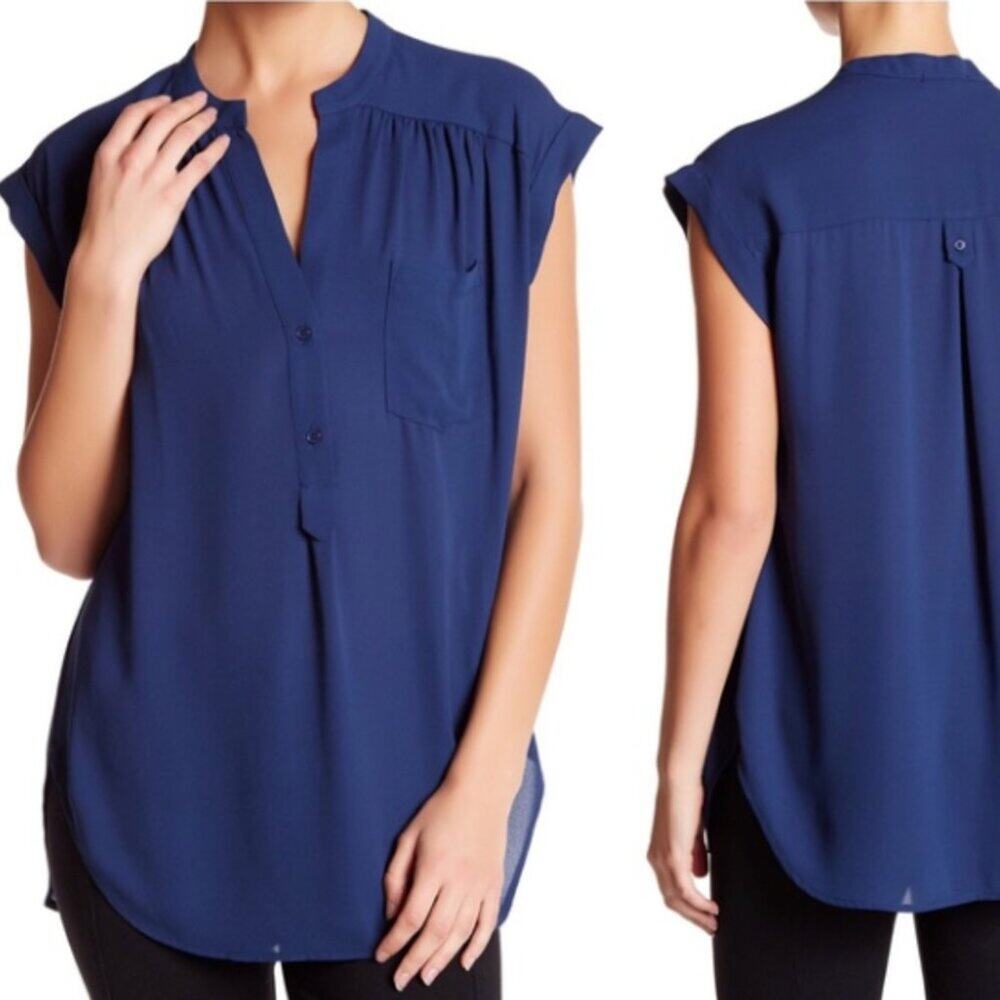 Pleione Anthropologie Navy blue Split Neck Cap Sleeve Tunic Kim Blouse size L